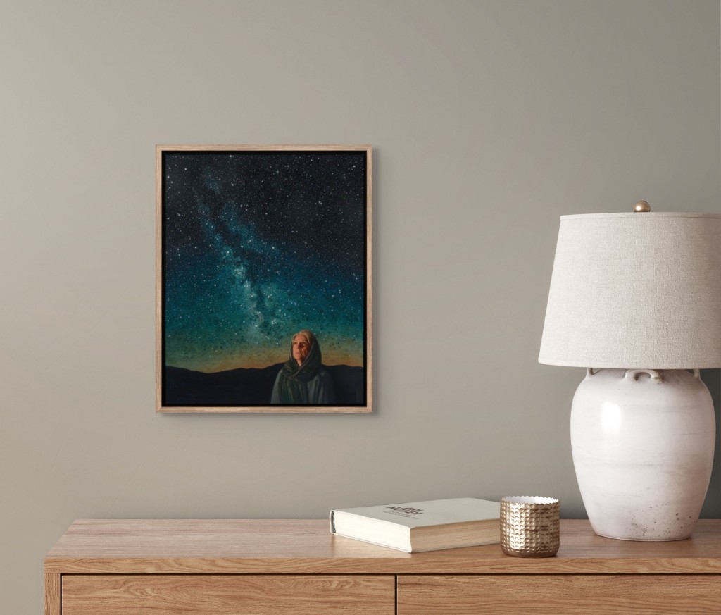 16×20 print with a custom tan frame above a wooden dresser