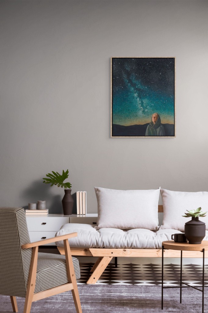 Print styled in a mid-century living room with a daybed